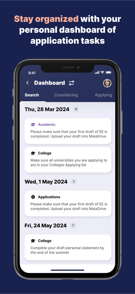 MaiaLearning - A smartphone displaying the MaiaLearning dashboard with a list of upcoming college application tasks and academic deadlines organized by date.