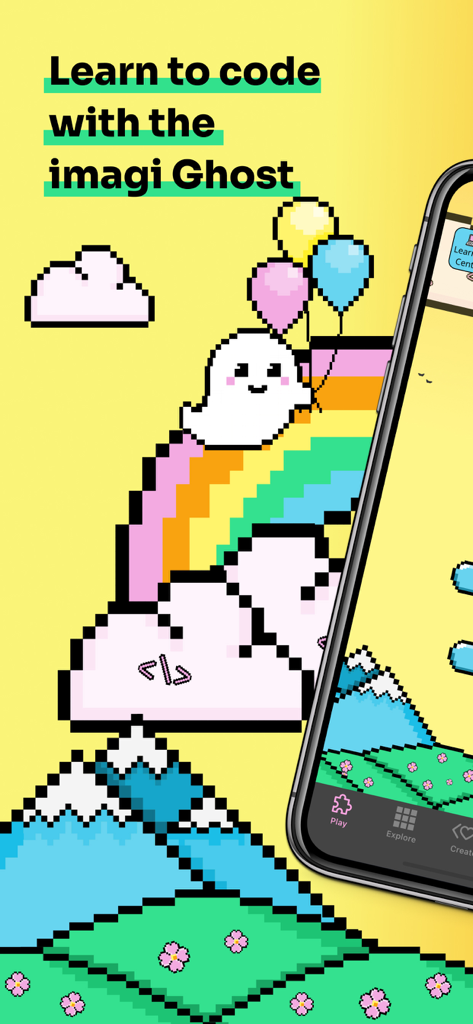 Colorful pixel art featuring the imagi Ghost on a rainbow with the text Learn to code with the imagi Ghost