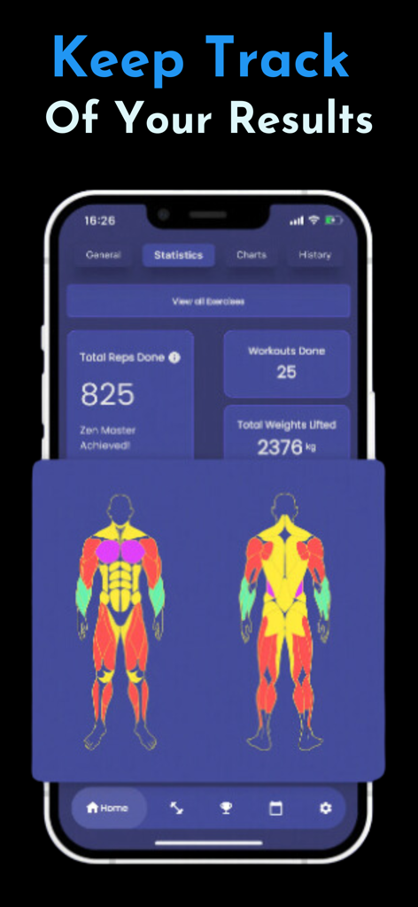 AI Fitness Coach: Basic Fit - Painel de estatísticas do aplicativo AI Fitness Coach mostrando repetições totais, treinos feitos e um mapa de calor muscular visual