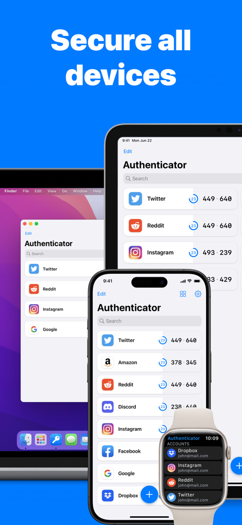 Authenticator App interface displayed on iPhone iPad Mac and Apple Watch
