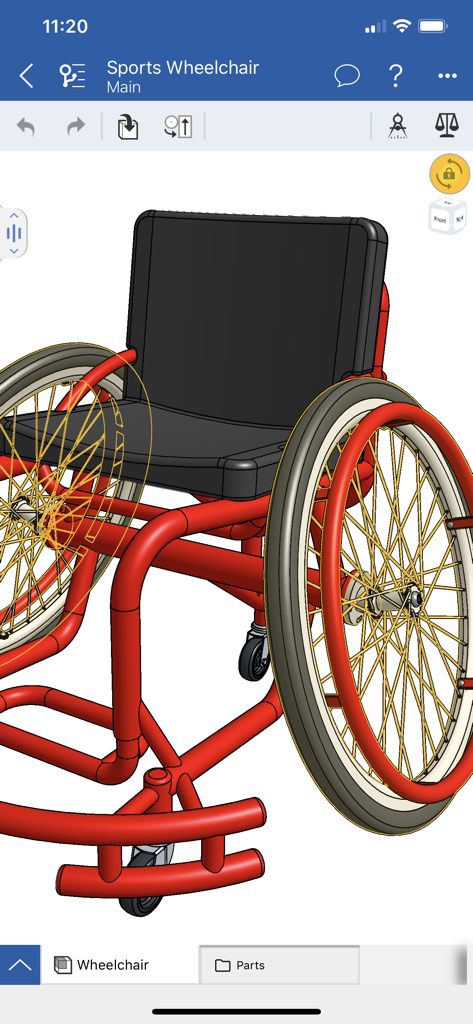 Onshape 3D CAD - Detailliertes 3D-parametrisches Modell eines Sportrollstuhls in der Onshape CAD-Mobiloberfläche.