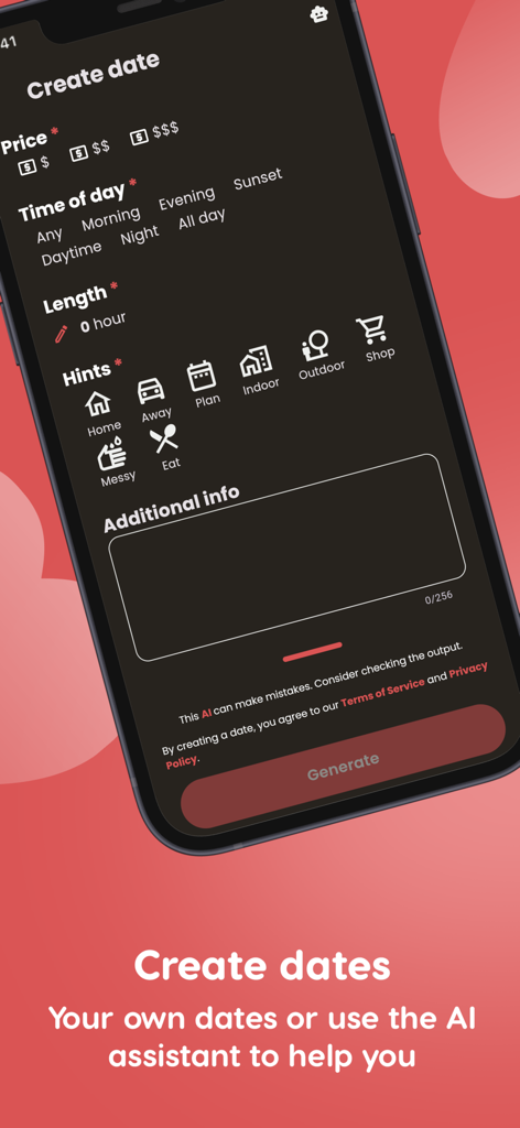 価格、時間、アクティビティのヒントのオプションを備えたAIデート作成インターフェースを示すモバイルアプリの画面。