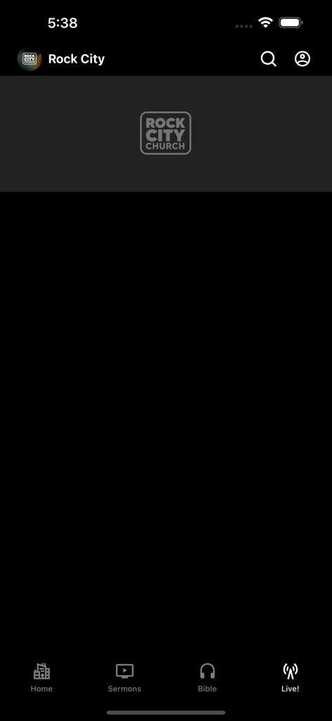 Rock City App - Home screen of the Rock City App showing navigation icons for sermons Bible and live streams