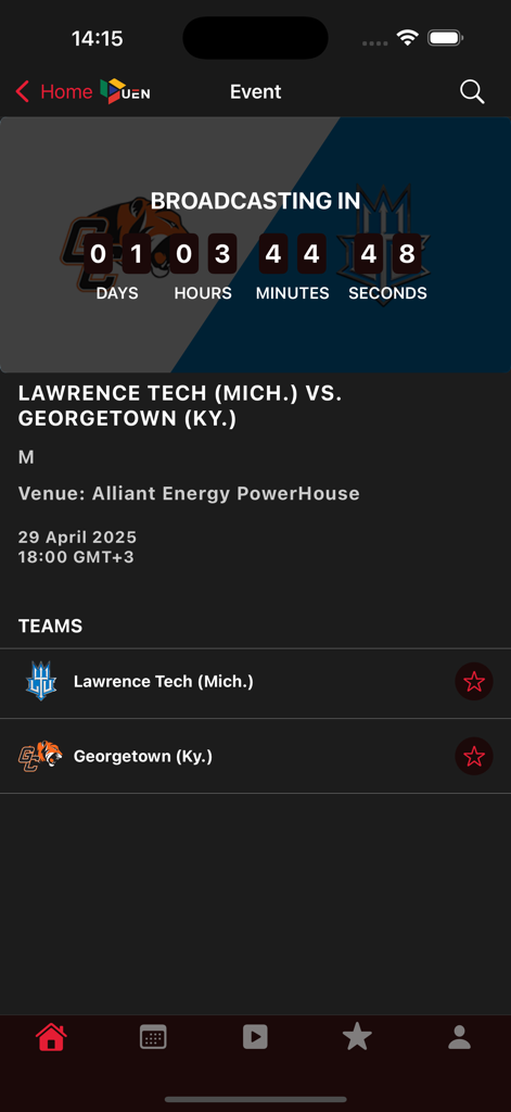 Urban Edge Network | UEN - Urban Edge Network app event screen featuring a countdown timer for a live collegiate sports broadcast.