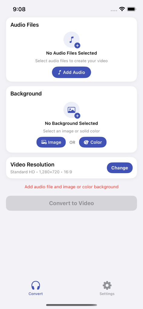 Interface principale de l'application Convertisseur Audio en Vidéo Facile montrant les sections pour ajouter des fichiers audio, sélectionner des arrière-plans et choisir la résolution vidéo.