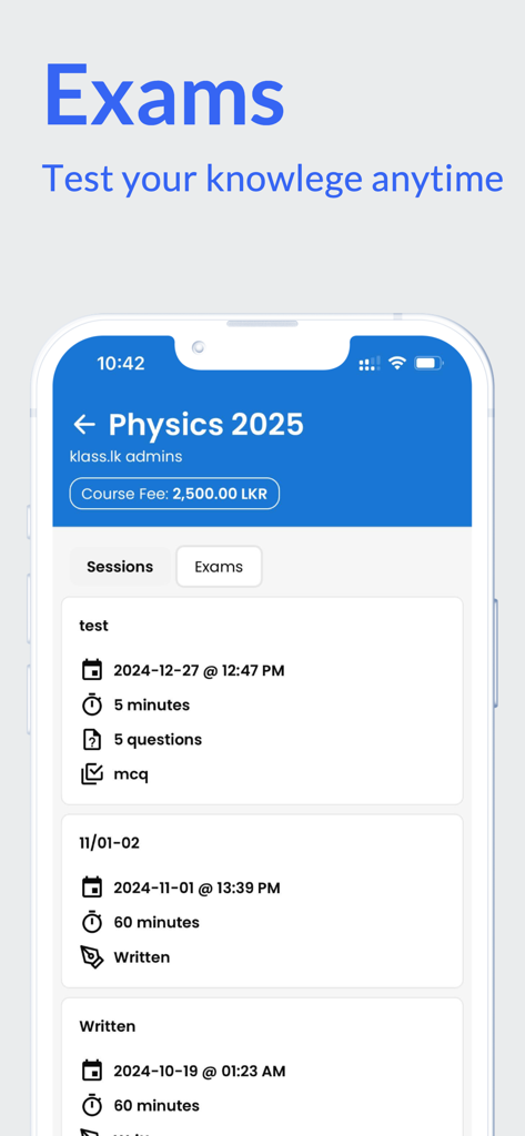 Klass Student App - Pantalla móvil de la Klass Student App que muestra una lista de exámenes para un curso de Física, incluidas fechas y tipos de prueba