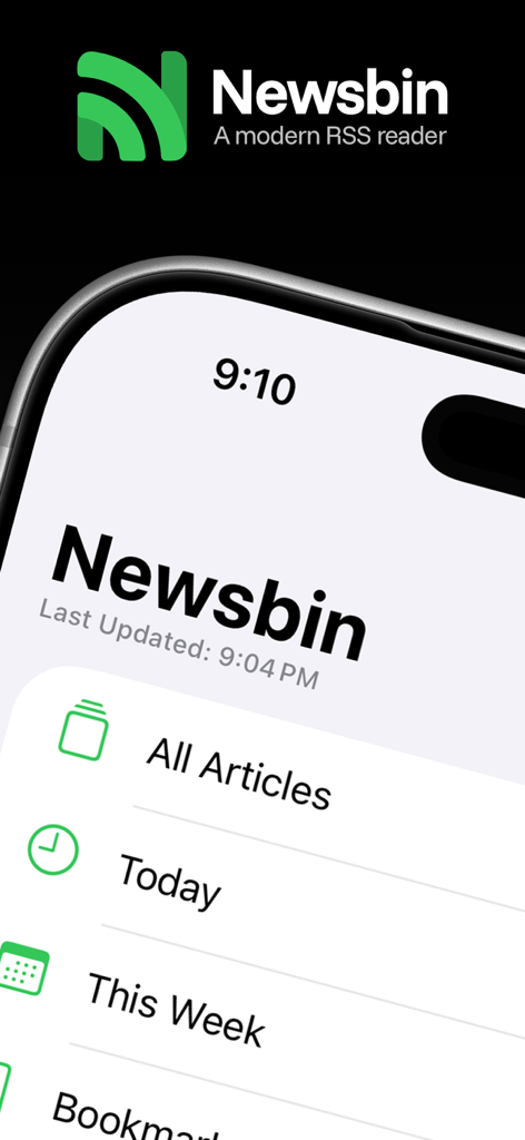 Newsbin RSS-Reader-App-Oberfläche, die Navigationskategorien auf dem iPhone anzeigt.
