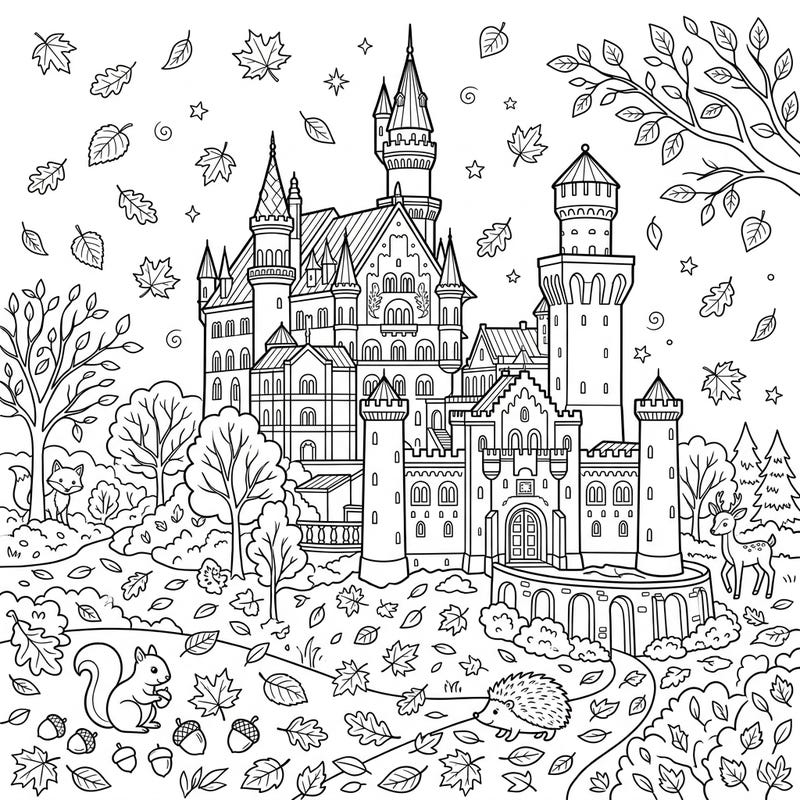 Discover the magic of a grand winter palace surrounded by the beauty of autumn. This intricate coloring page invites you to bring a majestic scene to life with vibrant fall colors.