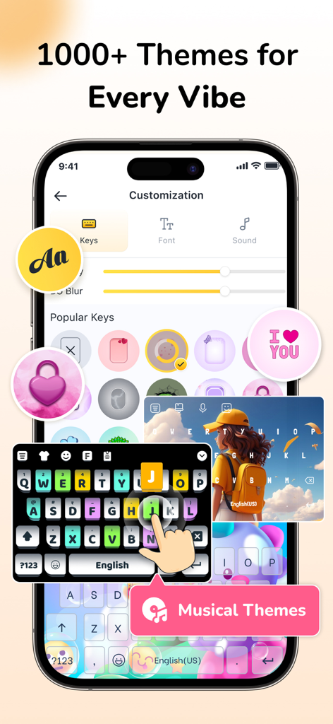Font & Emoji Keyboard: FotoAI - Smartphone exibindo opções de personalização de teclado com temas coloridos e diversos estilos de fonte no aplicativo FotoAI