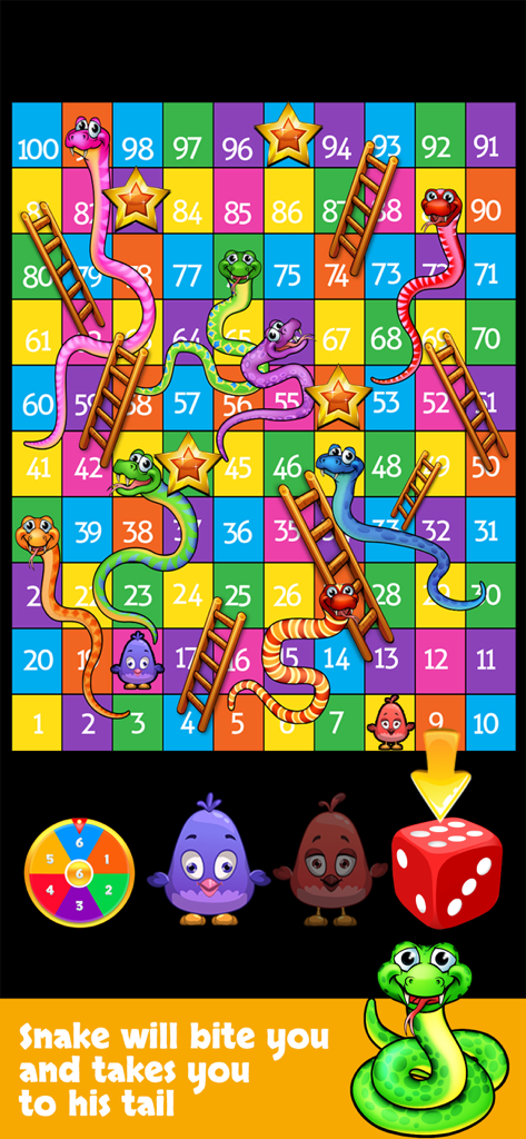 Snakes And Ladders Master - A colorful digital board game screen of Snakes and Ladders Master featuring snakes ladders and cartoon bird characters