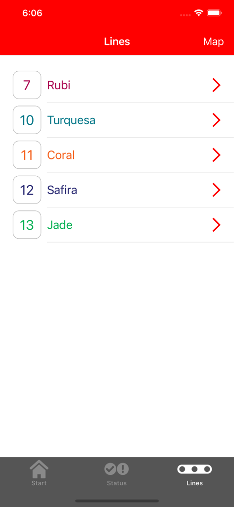 CPTM Oficial - Uma tela de aplicativo móvel exibindo uma lista de linhas de trem de São Paulo, incluindo Rubi, Turquesa e Coral, no aplicativo CPTM Oficial.