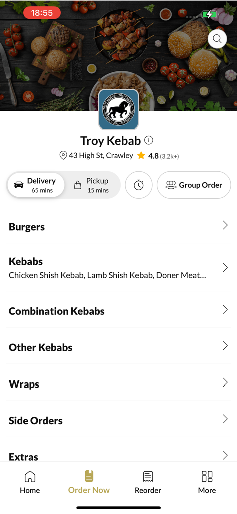 Troy Kebab mobile app interface displaying food categories and ordering options