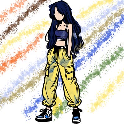 girl in baggy pants crop top and long hair