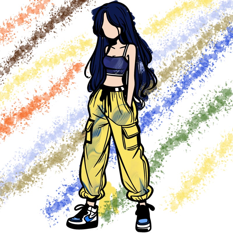 girl in baggy pants crop top and long hair