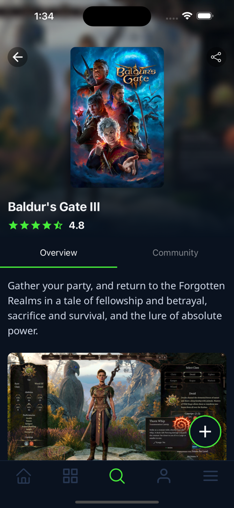 A game overview page for Baldur's Gate III on the GG app showing rating and description.