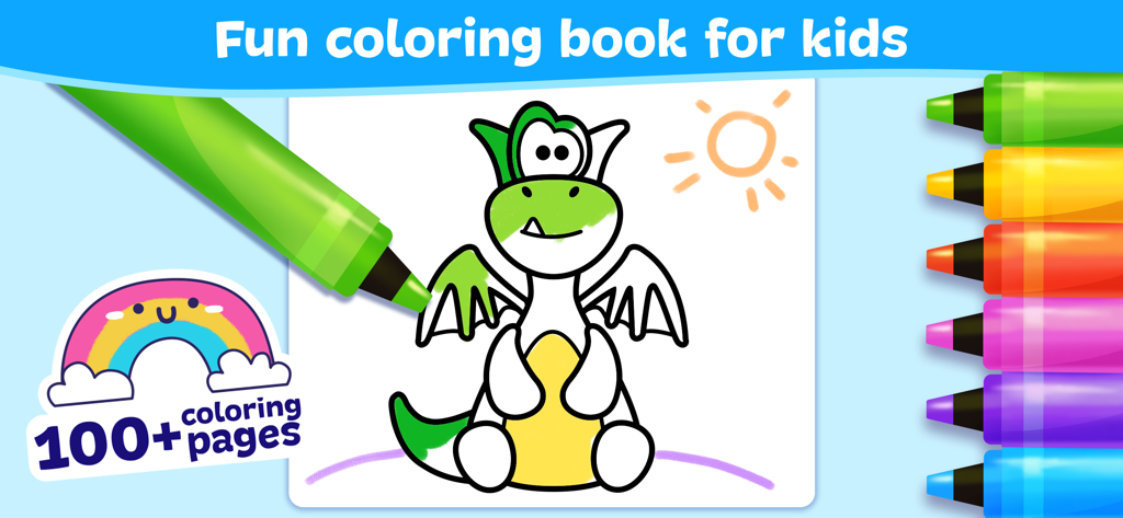 Interface of the Coloring Book: Kids Games app showing a dragon being colored with a green marker