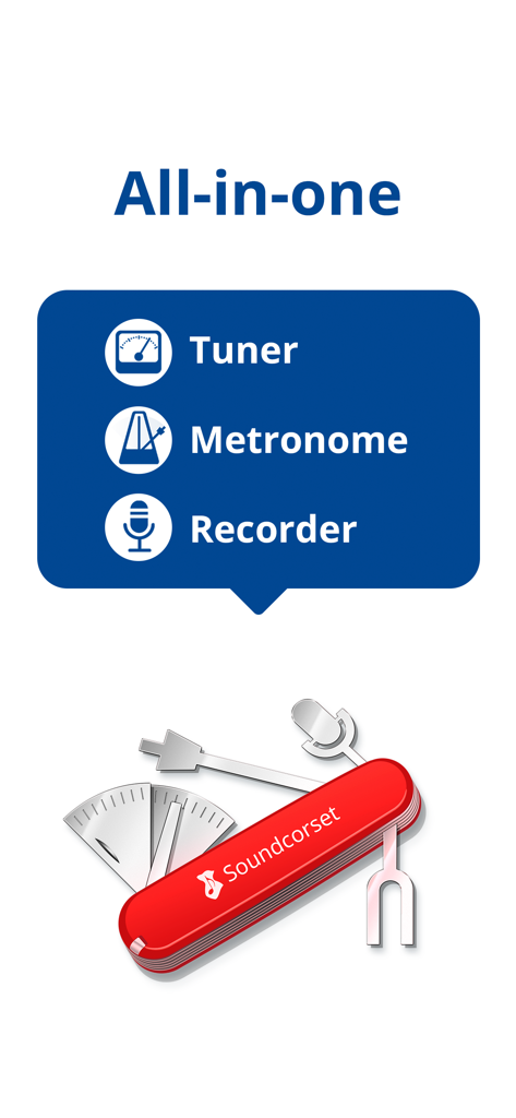 Tuner & Metronome -Soundcorset - Gráfico mostrando o Soundcorset como uma utilidade musical tudo-em-um com afinador, metrônomo e recursos de gravador