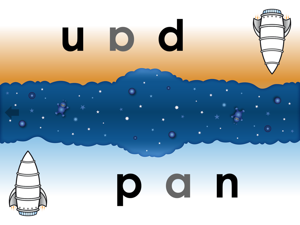 PLD 2P Read 1a - Two player literacy game interface showing word decoding activity with space rockets for early readers