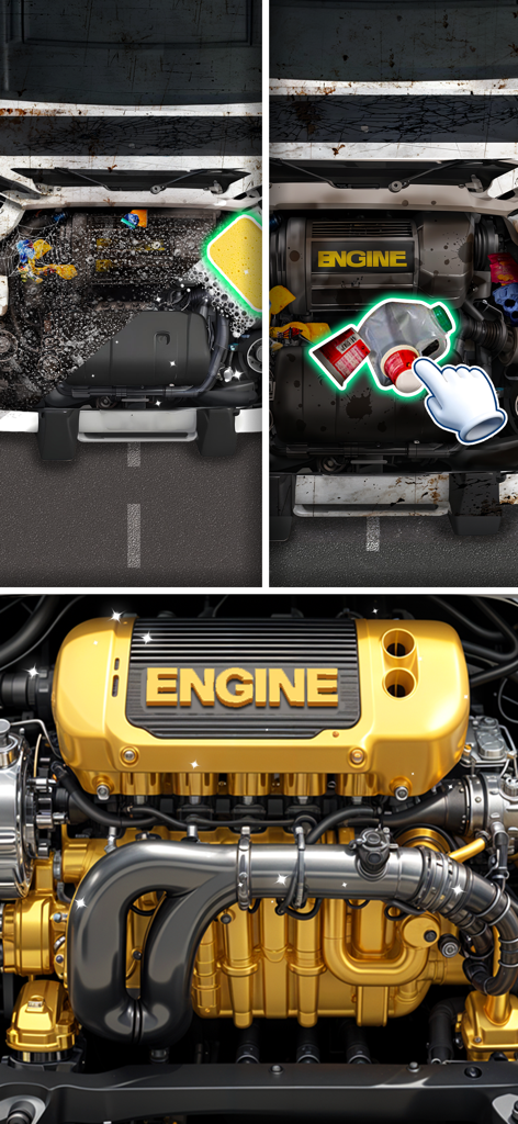 A sequence showing a car engine being cleaned of grime and restored to a polished golden finish.
