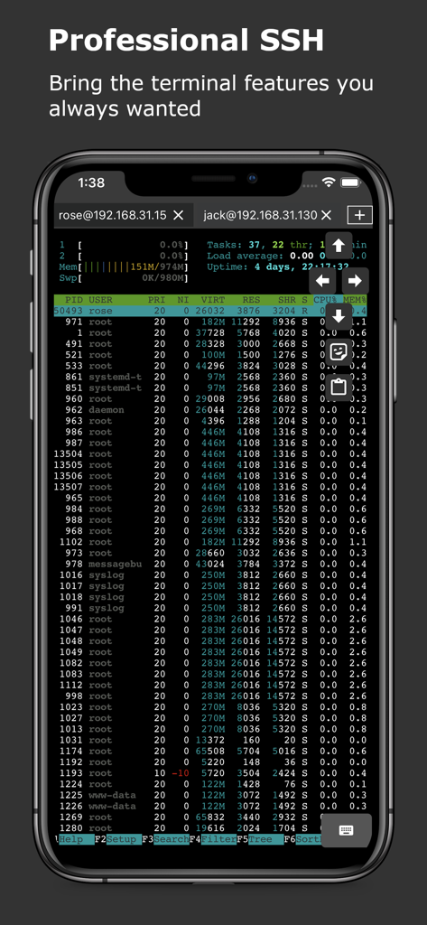 SNMP & SSH Terminal - Mobile SSH terminal interface showing server process monitoring and resource usage