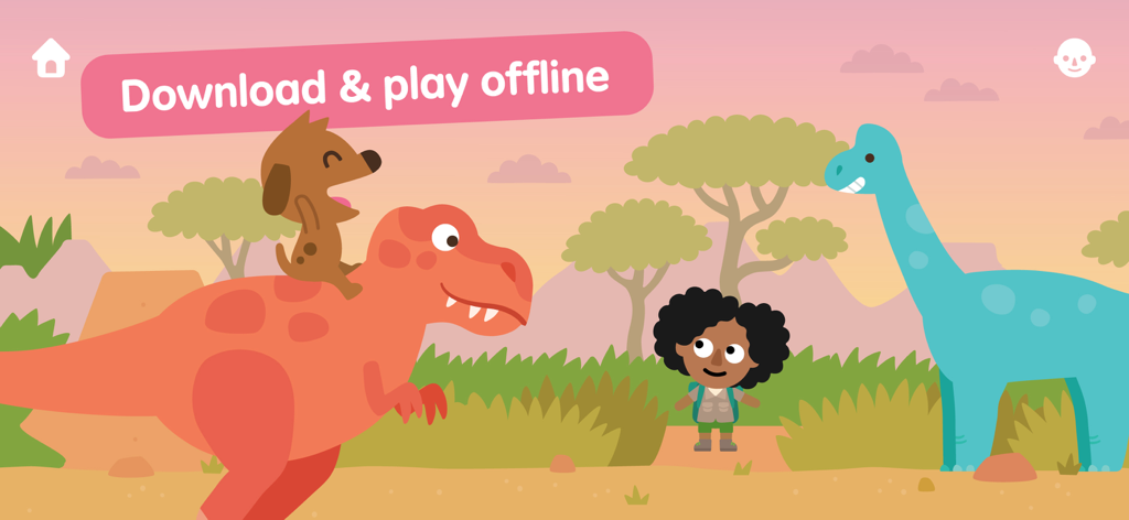 Harvey el Perro montando un dinosaurio en Sago Mini World con un cartel de descarga y juego sin conexión