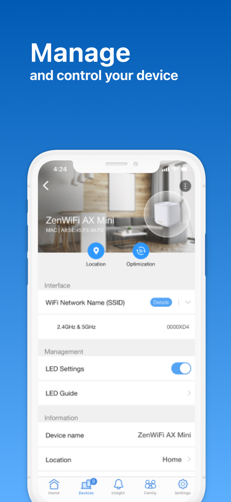 ASUS Router - Schermata dello smartphone che mostra l'interfaccia di gestione dei dispositivi dell'app ASUS Router per un ZenWiFi AX Mini