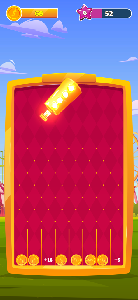 Coin Blast - Gameplay of Coin Blast showing a coin shooter and a red arcade board with gold coins