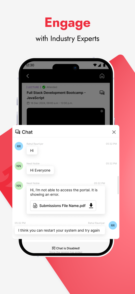 Capture d'écran de l'application upGrad montrant une interface de chat permettant aux étudiants d'échanger avec des experts du secteur pendant un bootcamp de développement web