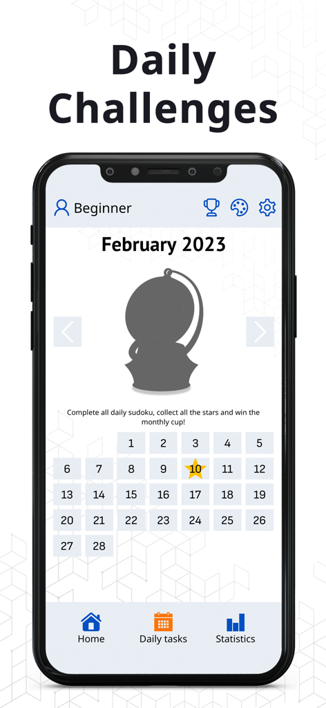 Sudoku Guru - Classic sudoku - Daily Challenges screen in the Sudoku Guru app showing a February calendar with a progress star and trophy icon