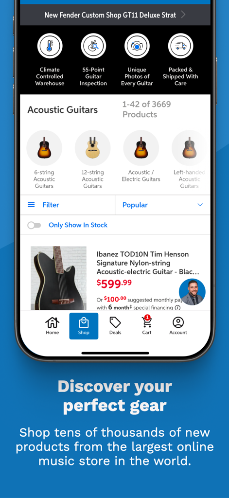 Sweetwater Music & Audio Gear - Sweetwater mobile app screen browsing acoustic guitars including product listings and professional service highlights