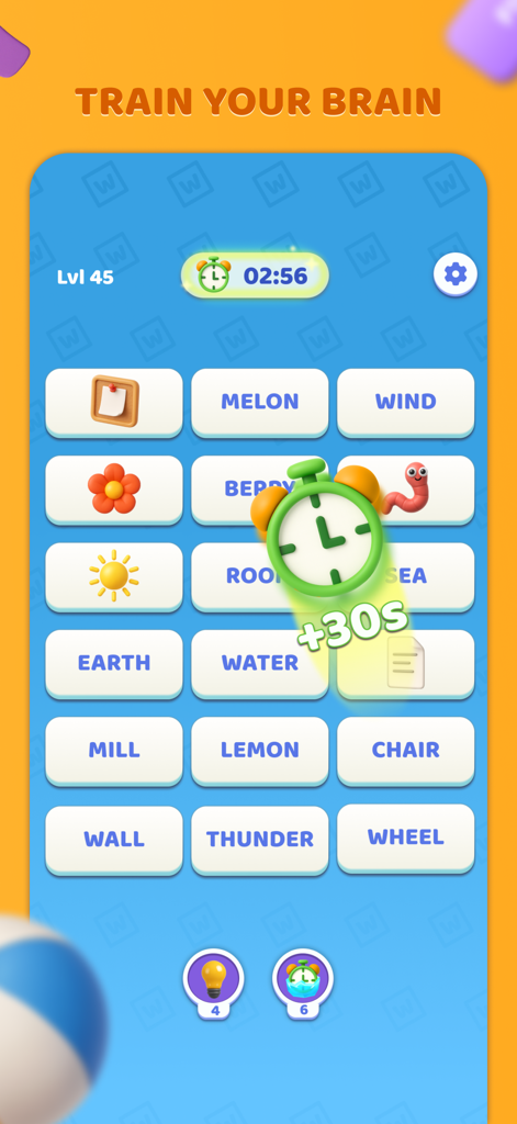 Words Merge - Jogabilidade do nível 45 de Words Merge mostrando peças de palavras e tema de treinamento cerebral.