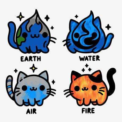 4 cats that represent the different elements, earth, water, air, and fire