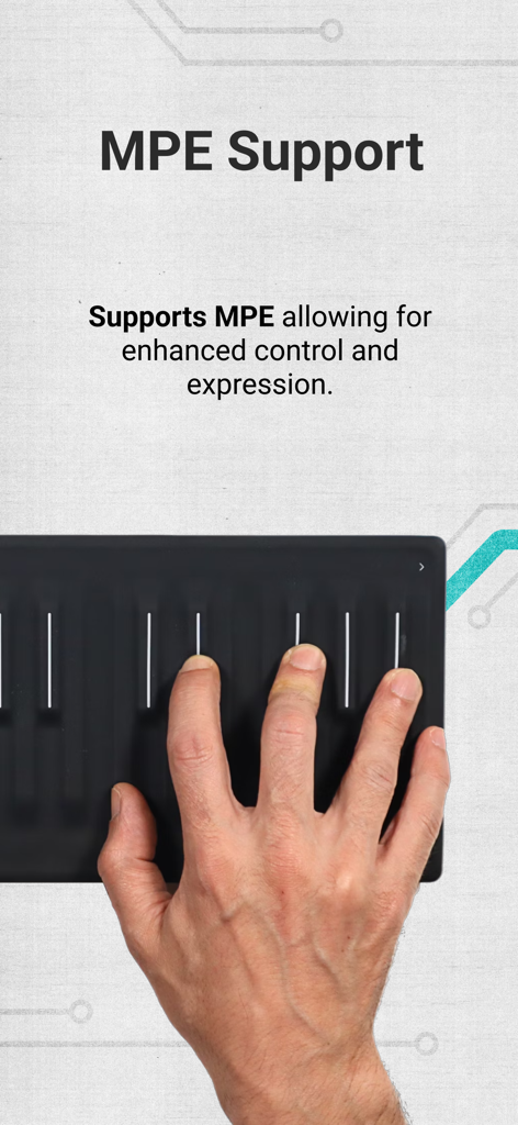 DRC - Polyphonic Synthesizer - Close up of a hand using an MPE controller to demonstrate enhanced expression in DRC synthesizer