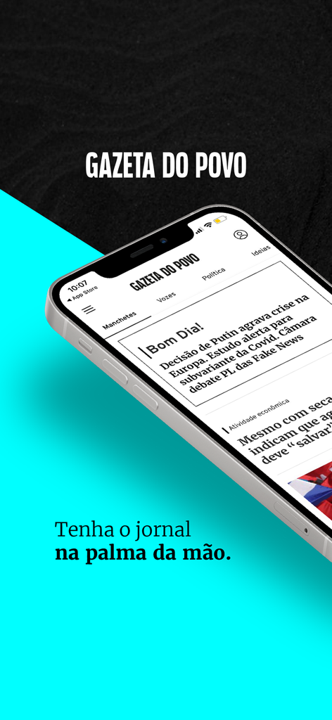 Gazeta do Povo - Smartphone displaying the Gazeta do Povo news app interface with headlines in Portuguese