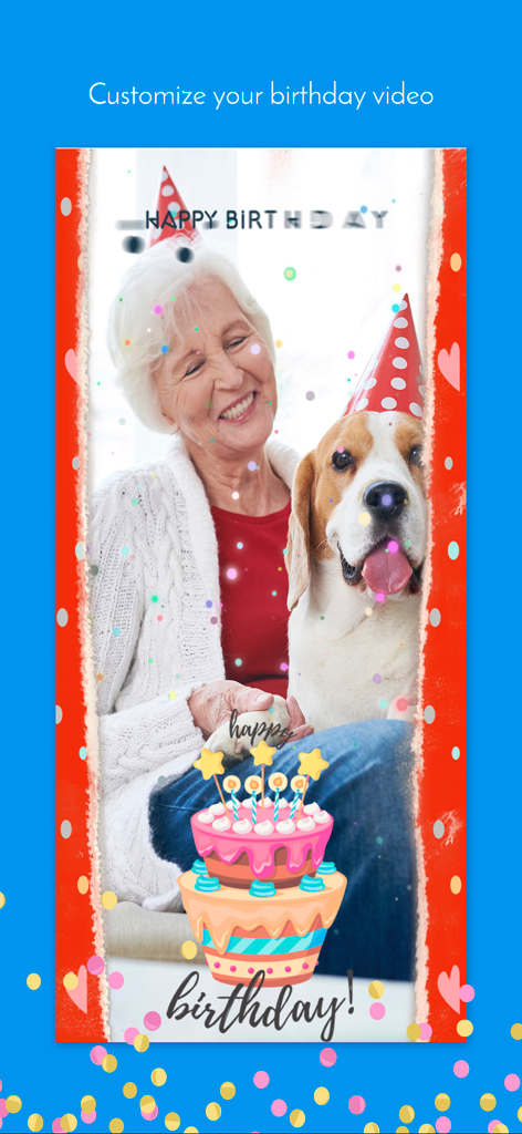 Happy Birthday - Video Maker - Un video de cumpleaños personalizado con una mujer mayor y un perro con filtros y pegatinas festivas.