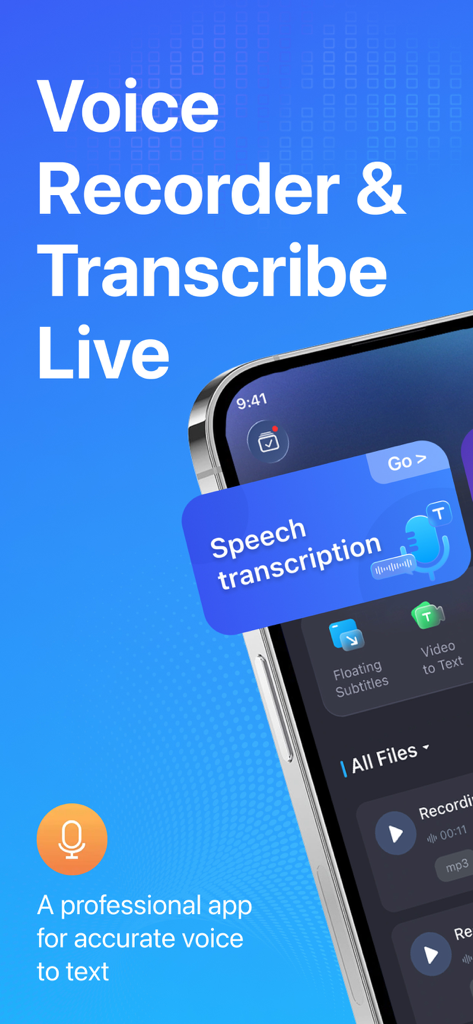 Voice Recorder: AI Voice Notes - Voice Recorder and Transcribe Live app promotional screen showing its user interface for speech transcription.
