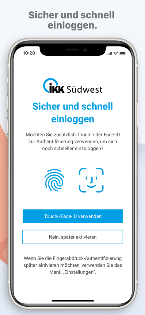 IKK Suedwest Mobile App-Anmeldebildschirm mit biometrischen Authentifizierungsoptionen für Face ID und Touch ID