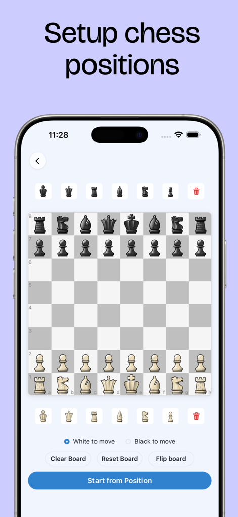 Stockfish Chess Analysis - Mobile app interface for setting up and editing custom chess board positions for analysis