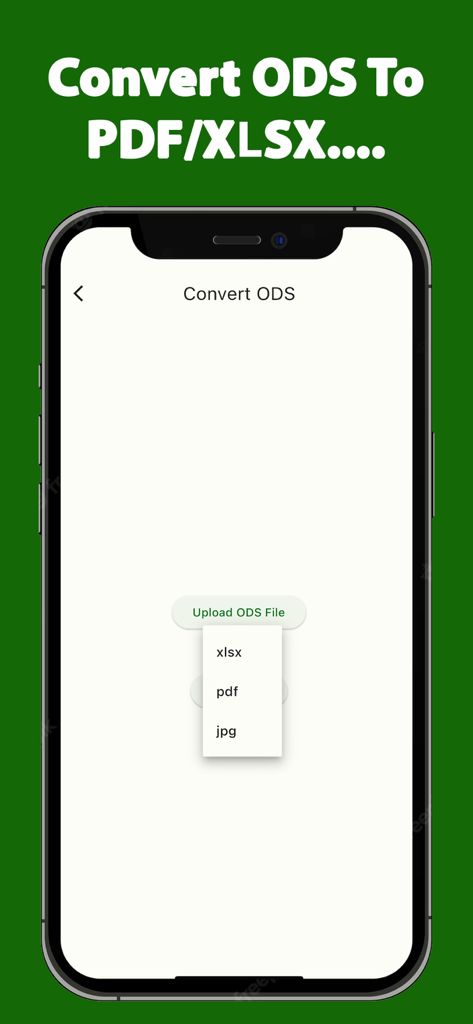 Pantalla de smartphone que muestra opciones para convertir archivos ODS a XLSX, PDF o JPG