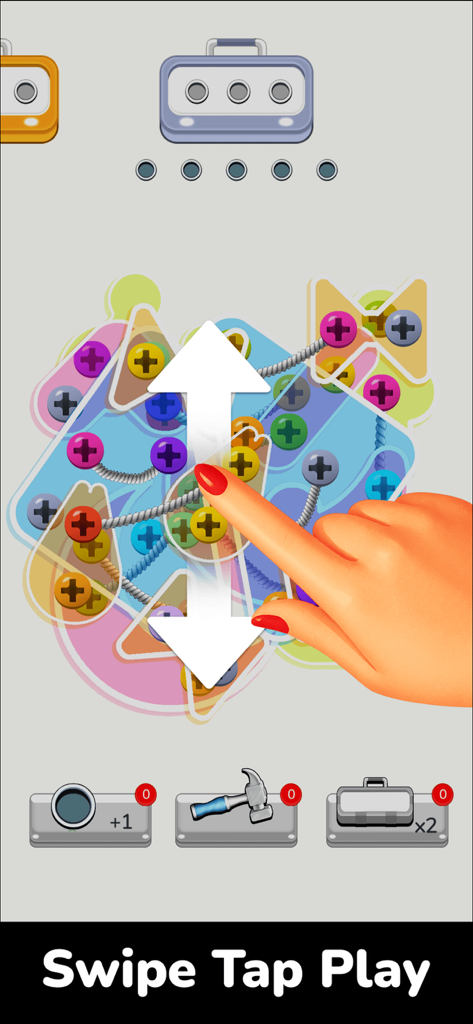 Hand führt eine vertikale Wischgeste auf einem Puzzle-Spielbildschirm mit bunten Schrauben und Platten aus
