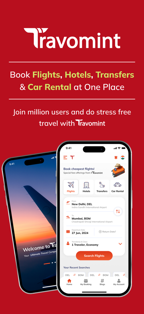 Travomint Flight, Hotels & Car - Travomint mobile app interface showing options to book flights, hotels, transfers, and car rentals