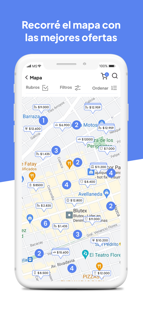 Avellaneda a un toque - Smartphone screen showing an interactive map with shopping deals and price bubbles