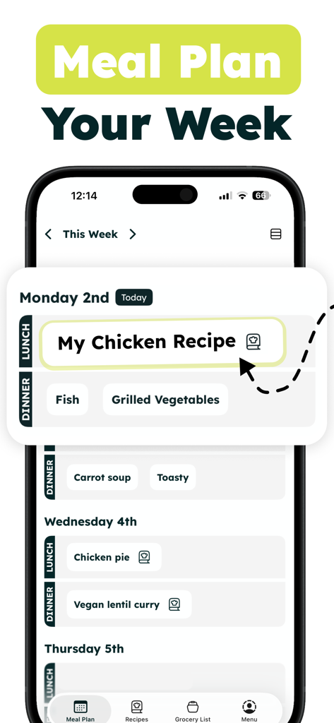 MealJar: Meal Planner - スマートフォン画面にMealJarの週次ミールプランが表示され、各日にランチとディナーのレシピがスケジュールされています。