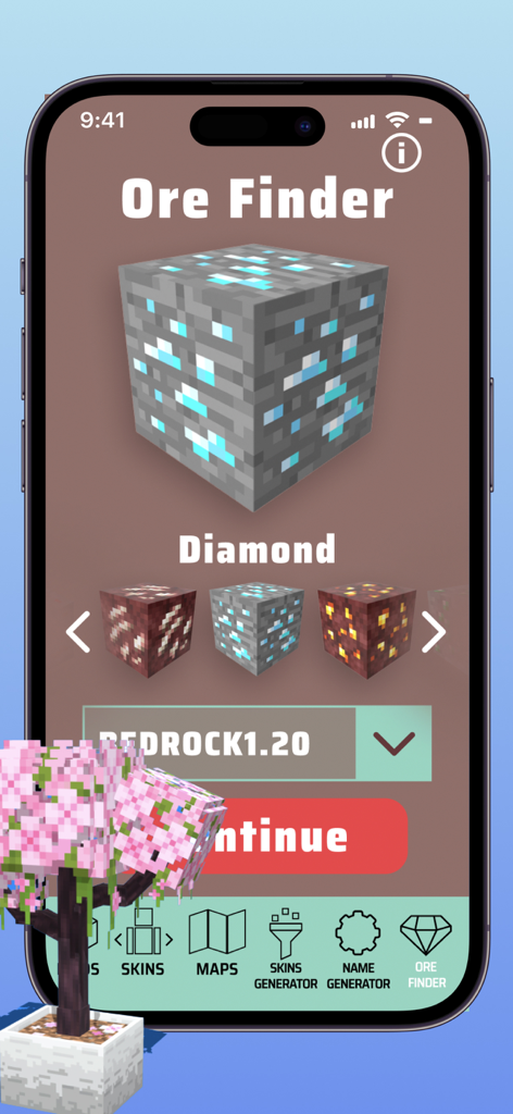 Ore Finder feature in the Minecraft Addons app displaying a diamond block.