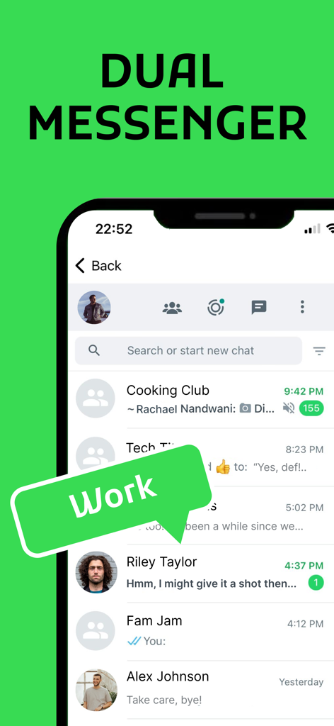 Whats Second Messenger 앱의 스크린샷으로, 'Work'라고 표시된 녹색 말풍선이 있는 채팅 목록을 보여줍니다.