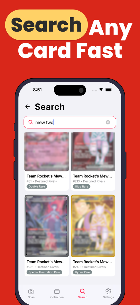 Cardex: Card Value Scanner - Cardex app search interface showing multiple Mewtwo trading card results with different rarities
