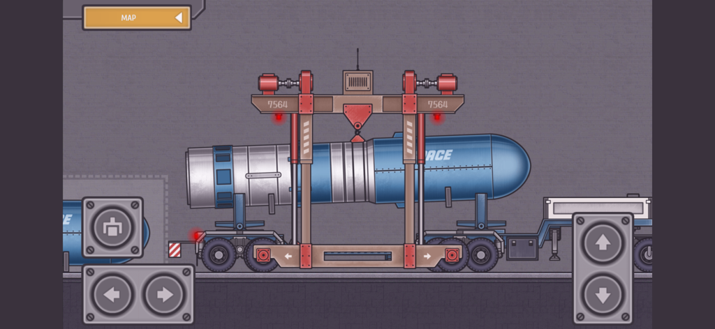 Trucker Ben - Truck Simulator - Cargando un gran componente de cohete azul en un remolque de varios ejes en el juego simulador Trucker Ben.