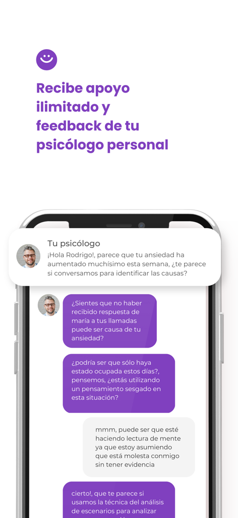 Terapi: Cuida tu salud mental - Pantalla de smartphone que muestra una conversación con un psicólogo personal en la app de salud mental Terapi