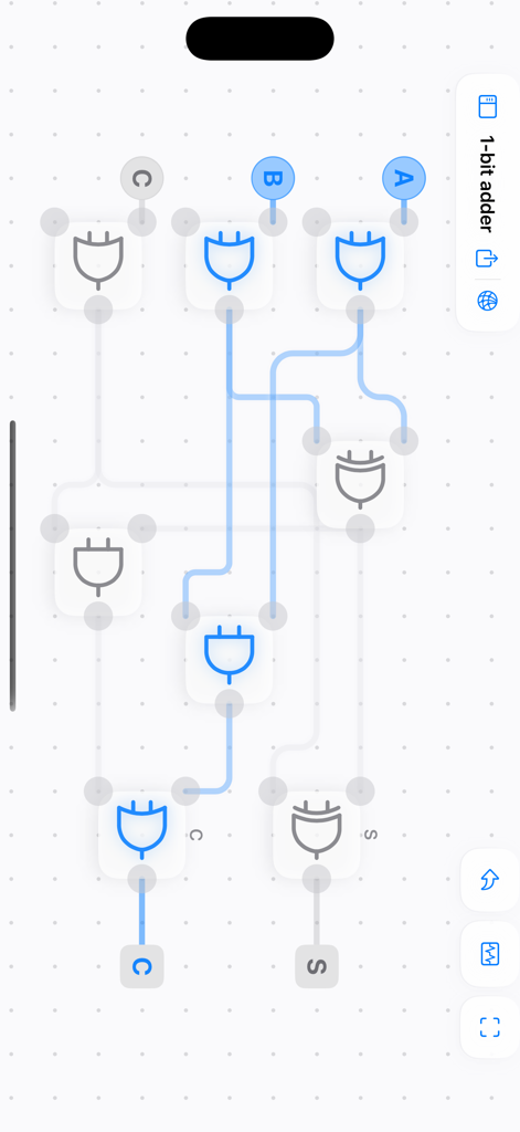 LogicalArt - Logic Gate Sim - 1-bit adder circuit design using logic gates in the LogicalArt app