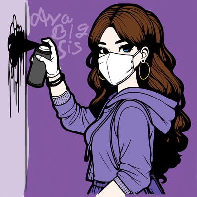 realistic girl with mask spray painting a wall